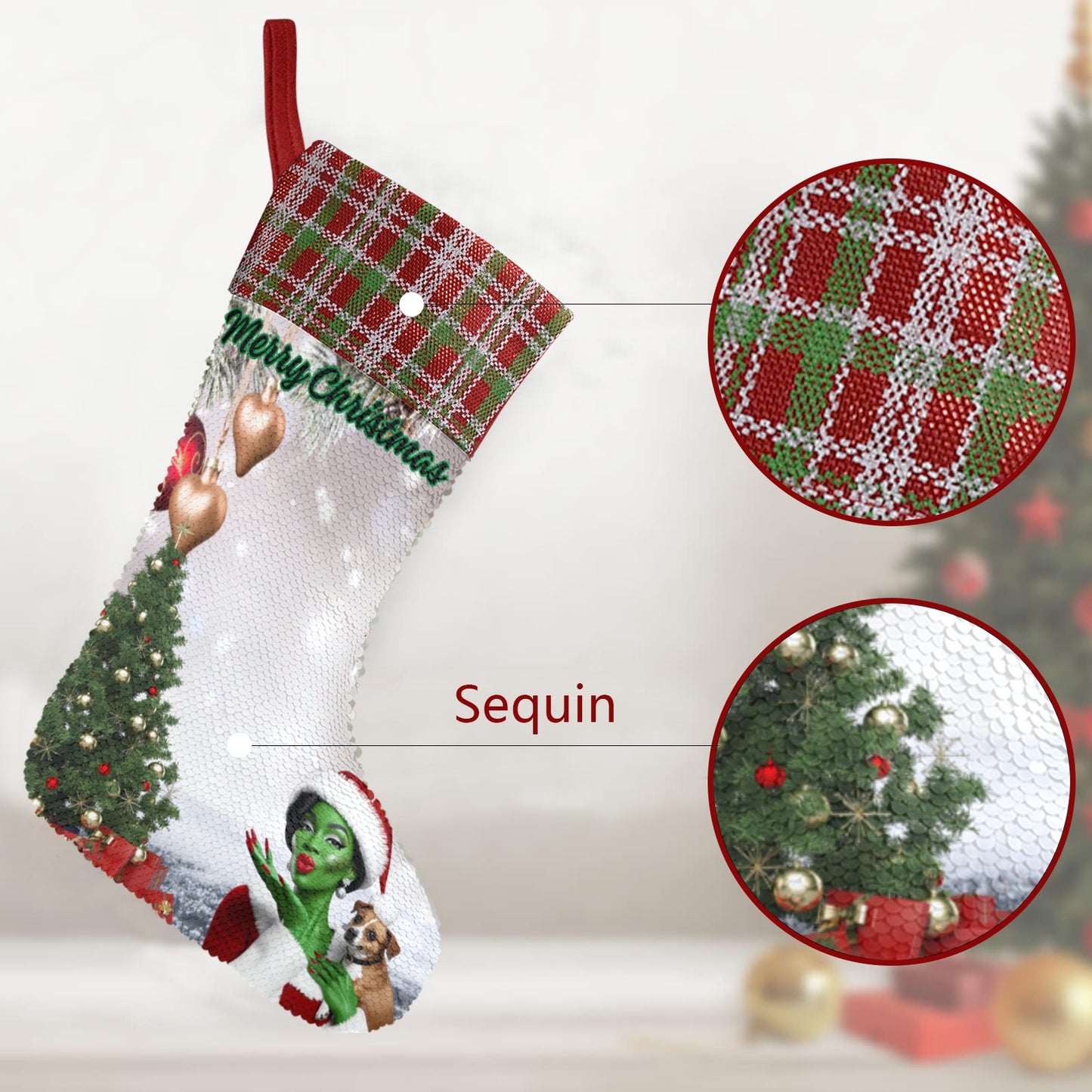 Grinch Female Stocking Sequin Christmas Stocking