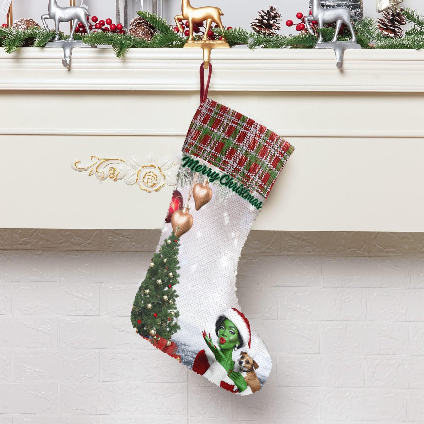 Grinch Female Stocking Sequin Christmas Stocking